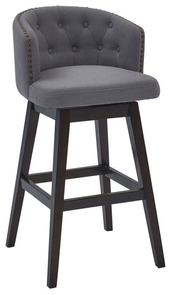 30" Gray Tufted Fabric and Dark Espresso Wood Swivel Bar Stool