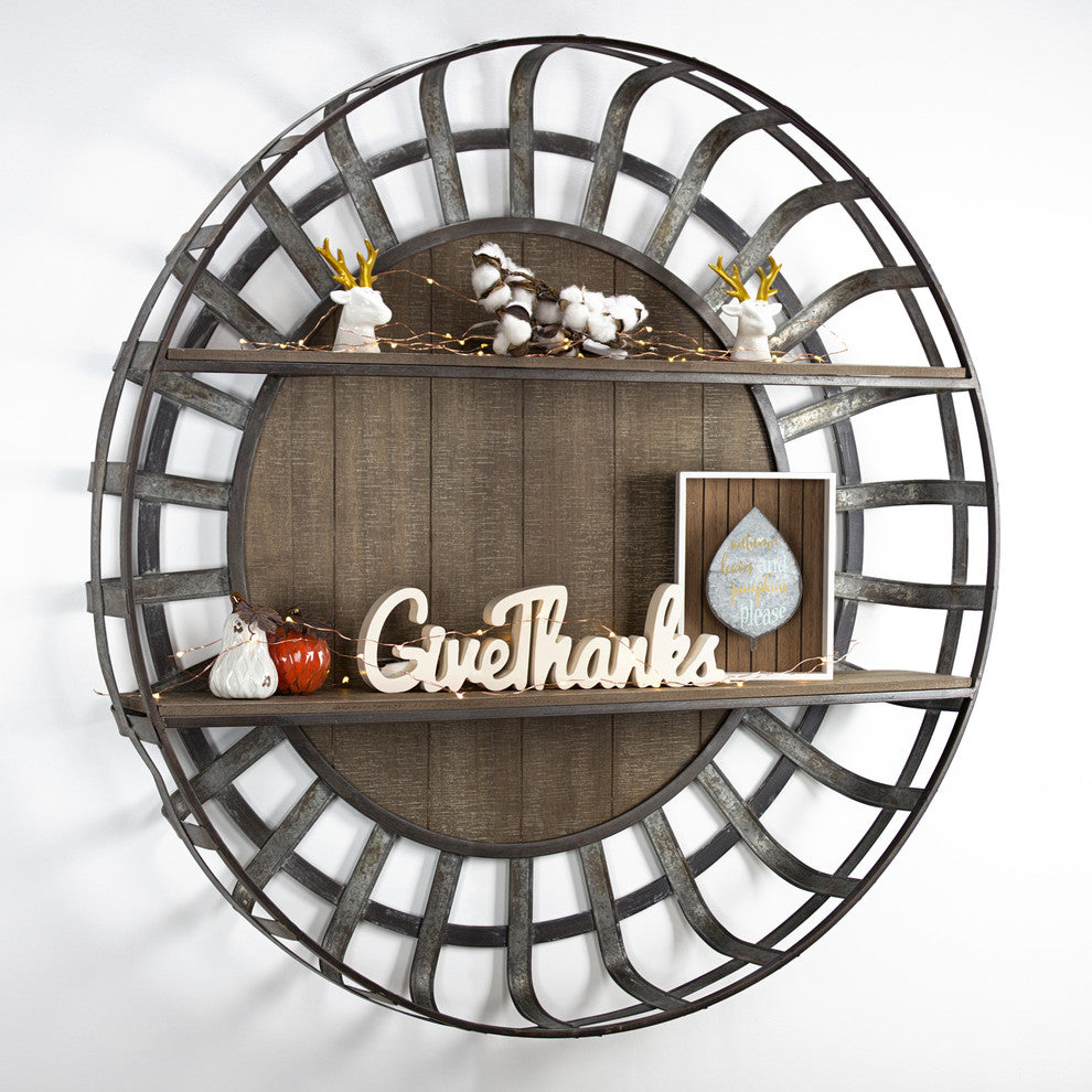 American Art Decor Rustic Wood and Galvanized Metal Round Hanging Wall Shelf