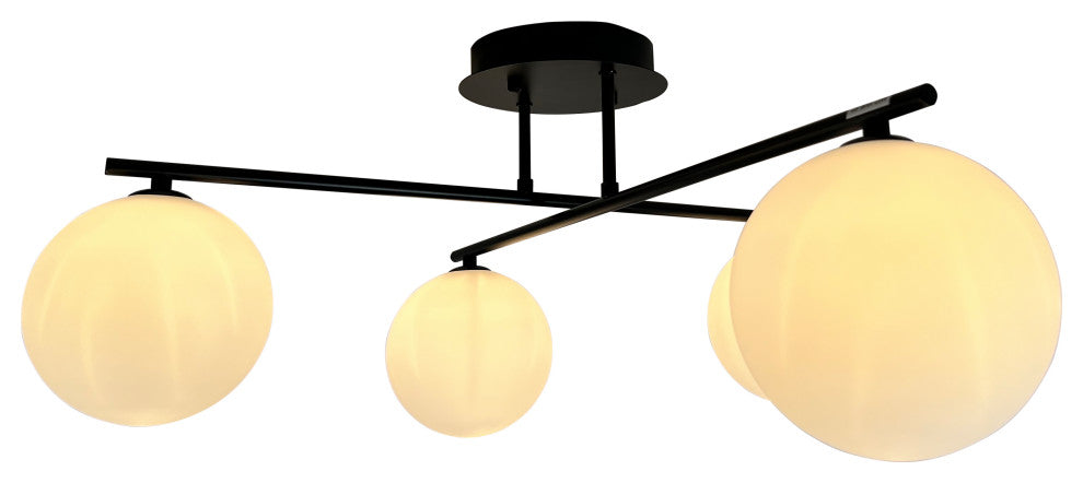Kinich 12 in. 4-Light Black Semi Flush with White Glass Globes