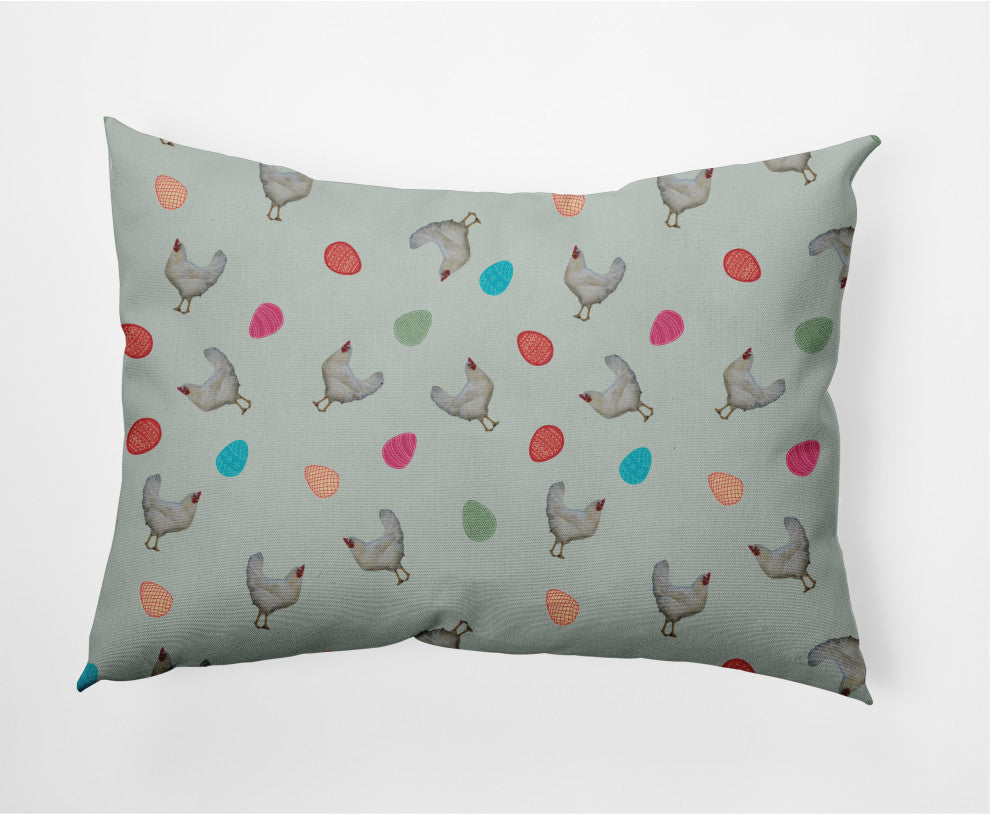 Chickens and Eggs Easter Decorative Lumbar Pillow, Breezeway Green, 14x20"