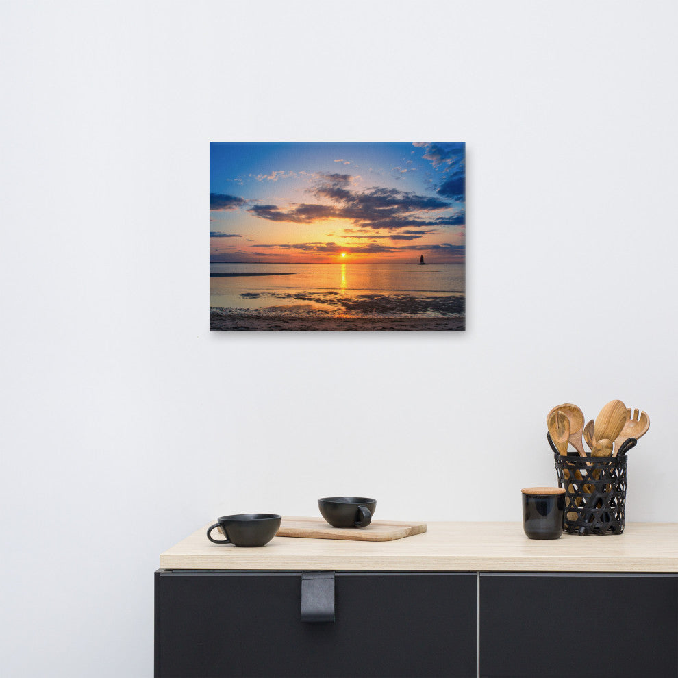 Sunset at Breakwater Lighthouse Coastal Landscape Photo Canvas Print, 18" X 24"