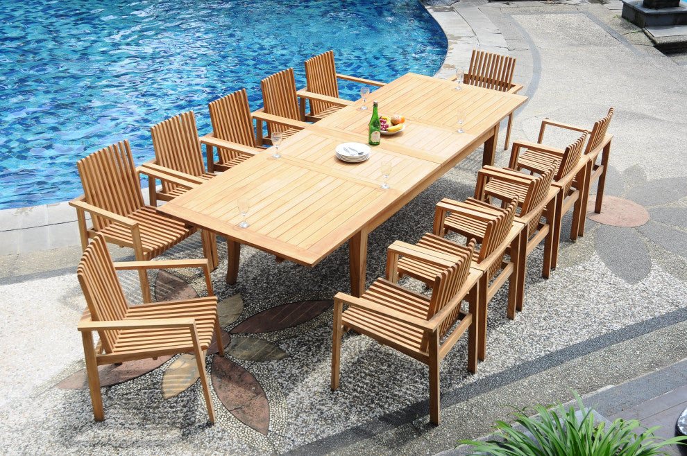 13-Piece Teak Dining Set: 122" X-Large Rectangle Table, 12 Clip Stacking Chairs