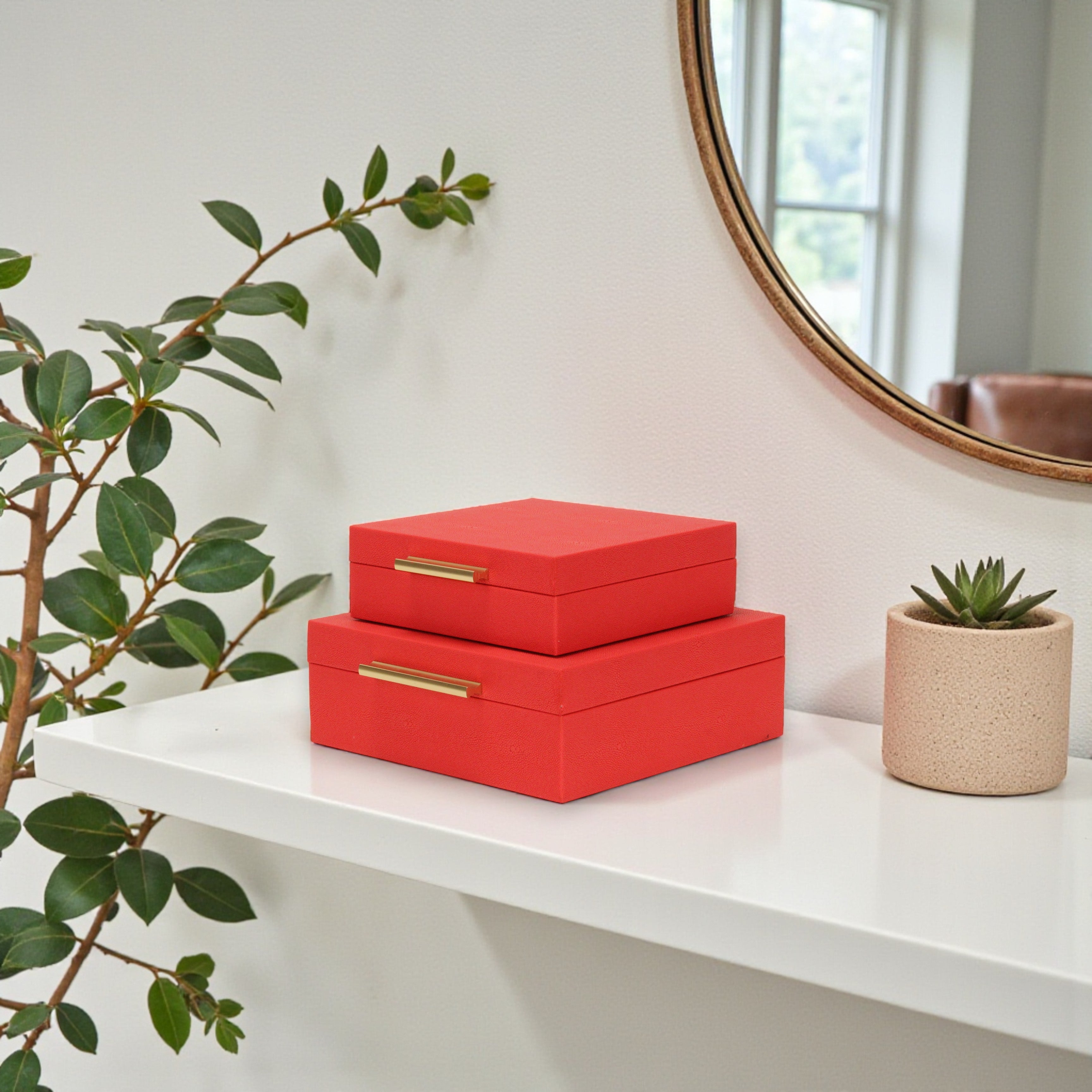 Lusan Square Decorative Box Set, Red Faux Shagreen