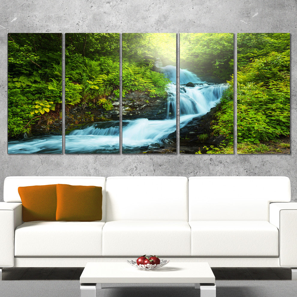 Blue Creek in Green Rain Forest, Landscape Canvas Art, 60"x28", 5 Panels