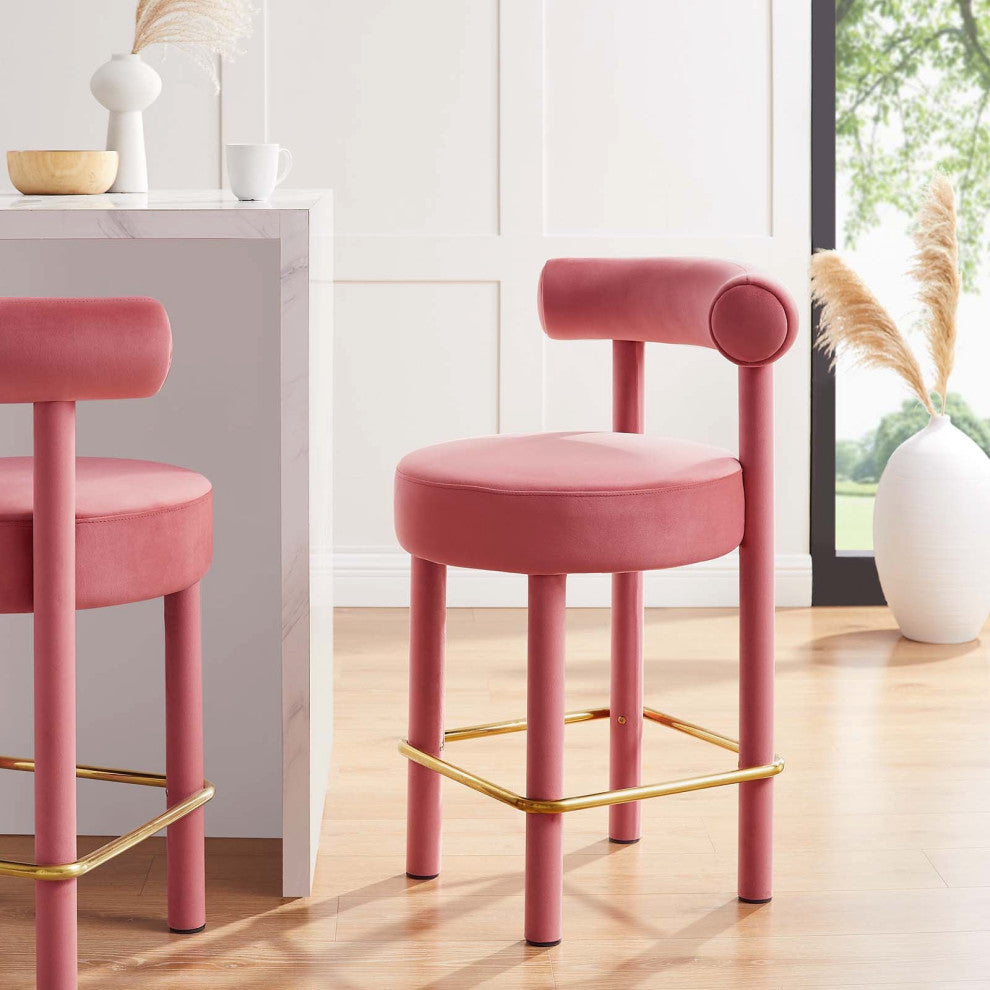 Toulouse Performance Velvet Counter Stool, Curved Round Bolster Kitchen Stool, Pink