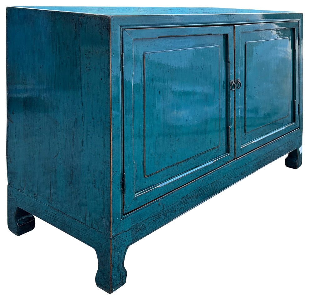 Distressed Rich Teal Blue 2 Doors Low Credenza Sideboard Console Cabinet