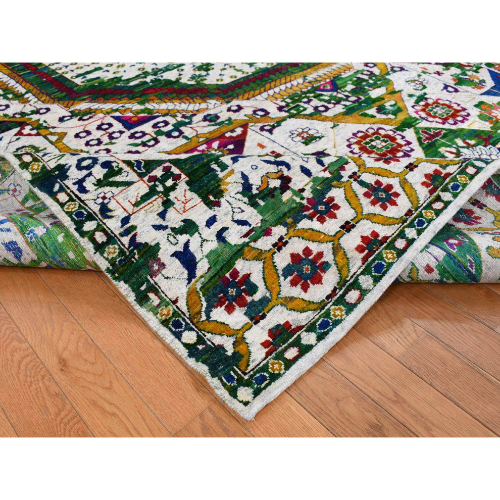 Ivory Sari Silk Colorful Mamluk Design Hand Knotted Oriental Rug 9'x12'1"