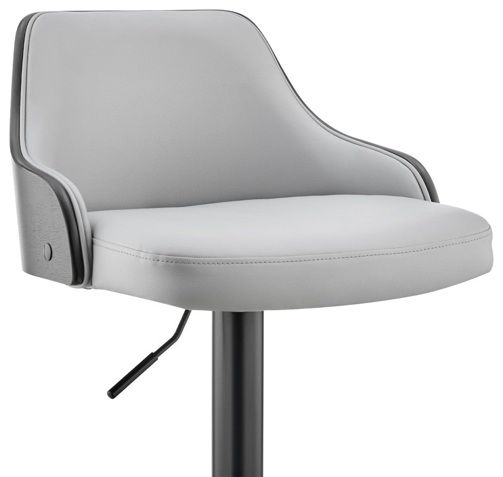Gray Faux Leather Black Base Adjustable Modern Bar Stool