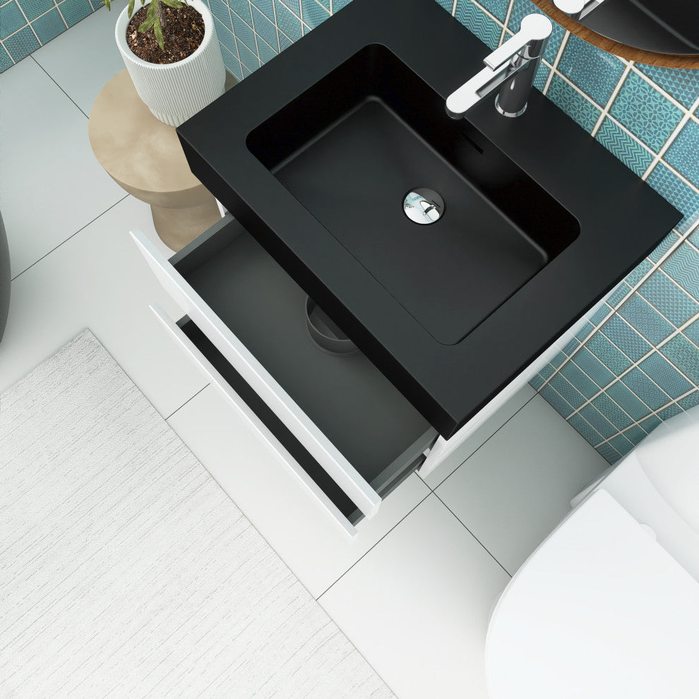 Wood Wall-Mounted Bathroom Vanity Set with Black Integrated Quartz Sand Sink, White, 24"