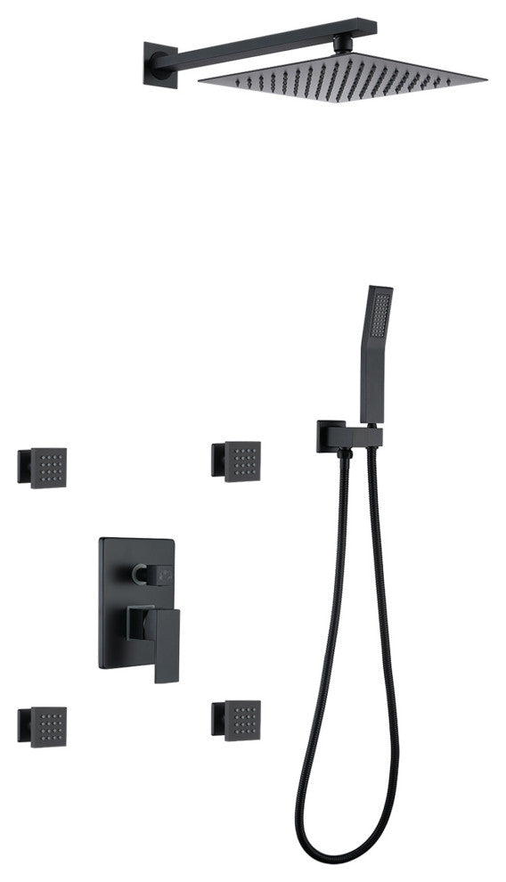 Luxury Pressure Balance Shower System W/ Body Sprays & Rough-In Valve, Matte Bla
