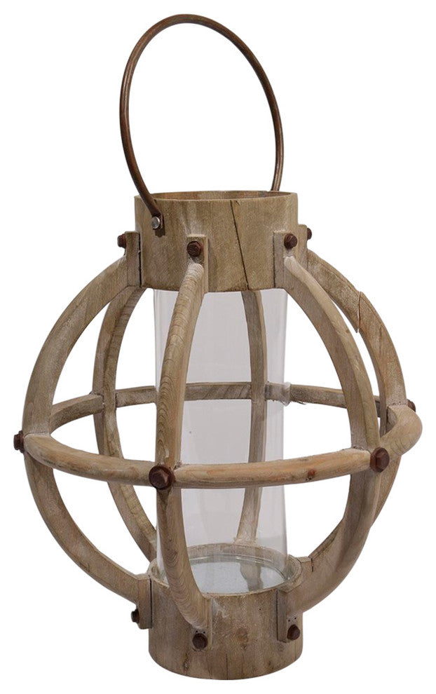 15.75" Chic Drift Wood and Hurricane Pillar Candle Lantern