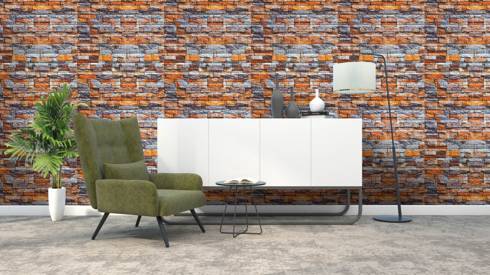 Orange Grey Beige Faux Brick 3D Wall Panels, Set of 10, Covers 58 Sq Ft