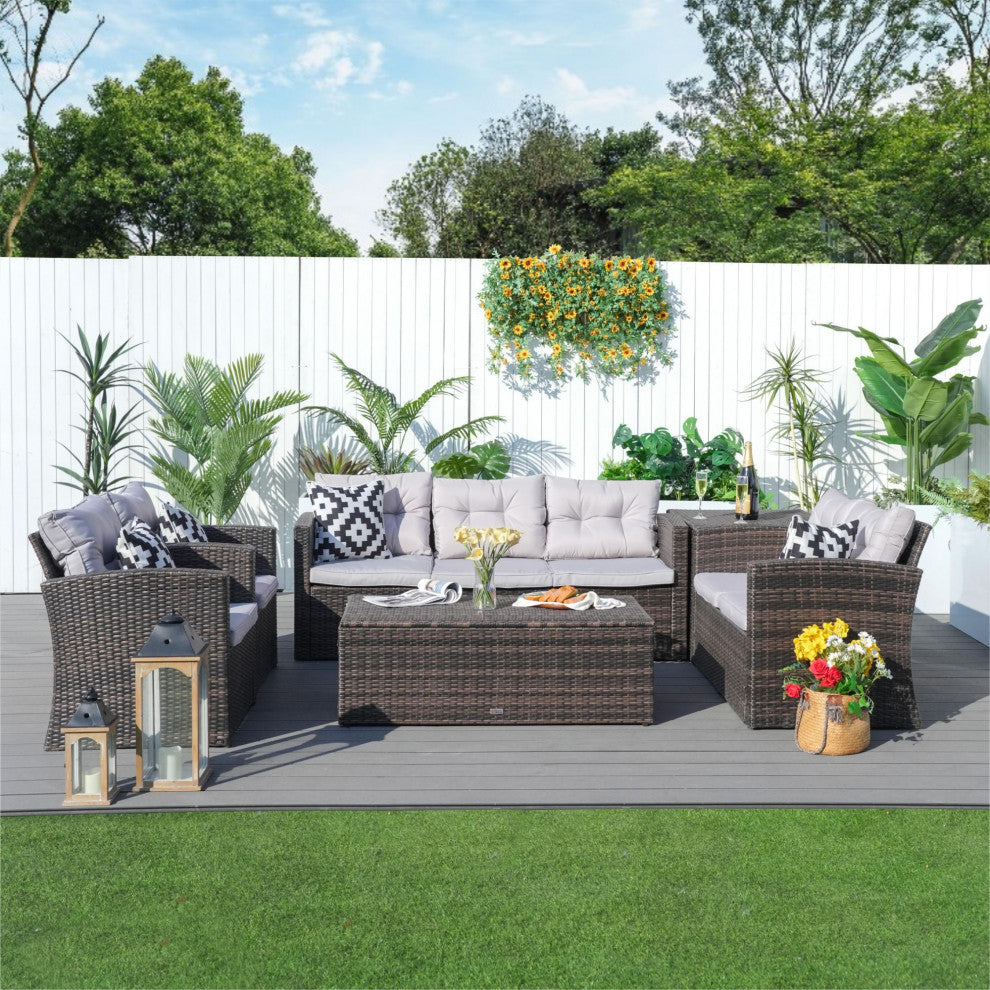 Patio 6-Piece Wicker Sofa Conversation Set With Cushions, Brown