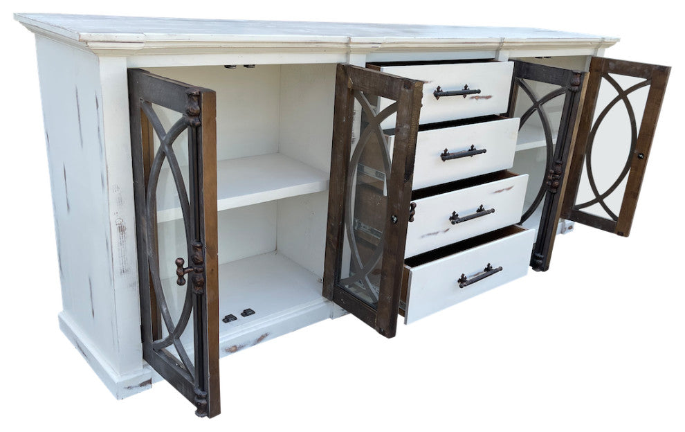 Large Media Console With Iron Hardware, White With Brown Doors