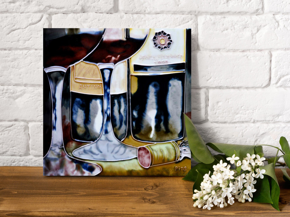 8x8" Partial Wine Glass and Bottle Ceramic Art Tile and Trivet Hot Plate