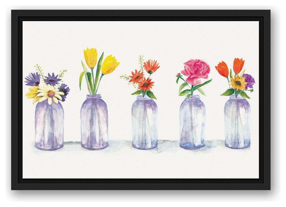 Painted Flowers in Glass Jars Print 12x18 Black Floating Framed Canvas