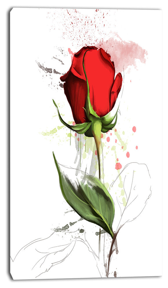 Red Rose Hand drawn Illustration, Floral Canvas Art Print, 16"x32"