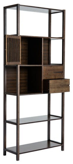 Rustic Bookcase, Wooden Construction With Open Cubbies & Drawers, Dark Brown