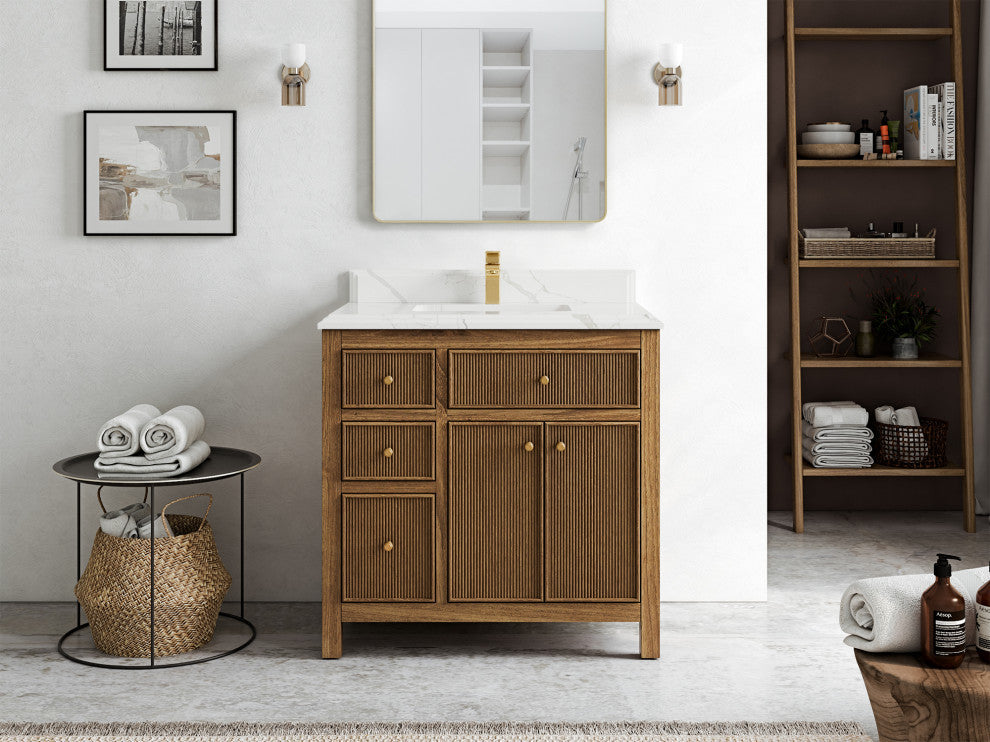 Sonoma Teak 36 Center Sink Bath Vanity in Dark Natural with 1.5" Calacatta Laza