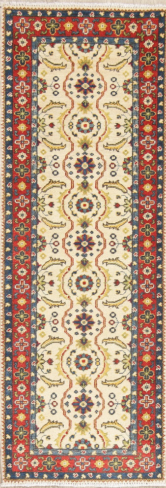 Pakistani Traditional Hand-Knotted Kazak Oriental Runner Rug, Beige, 6'0"X2'1"
