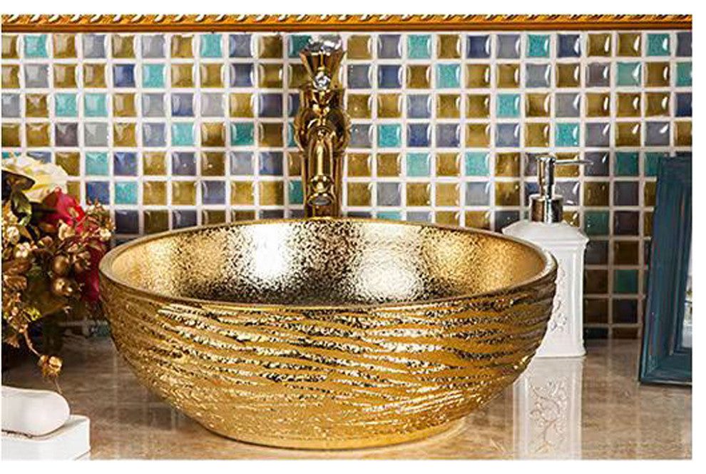 16in Abstact Design Gold Textured Oriental Porcelain Basin