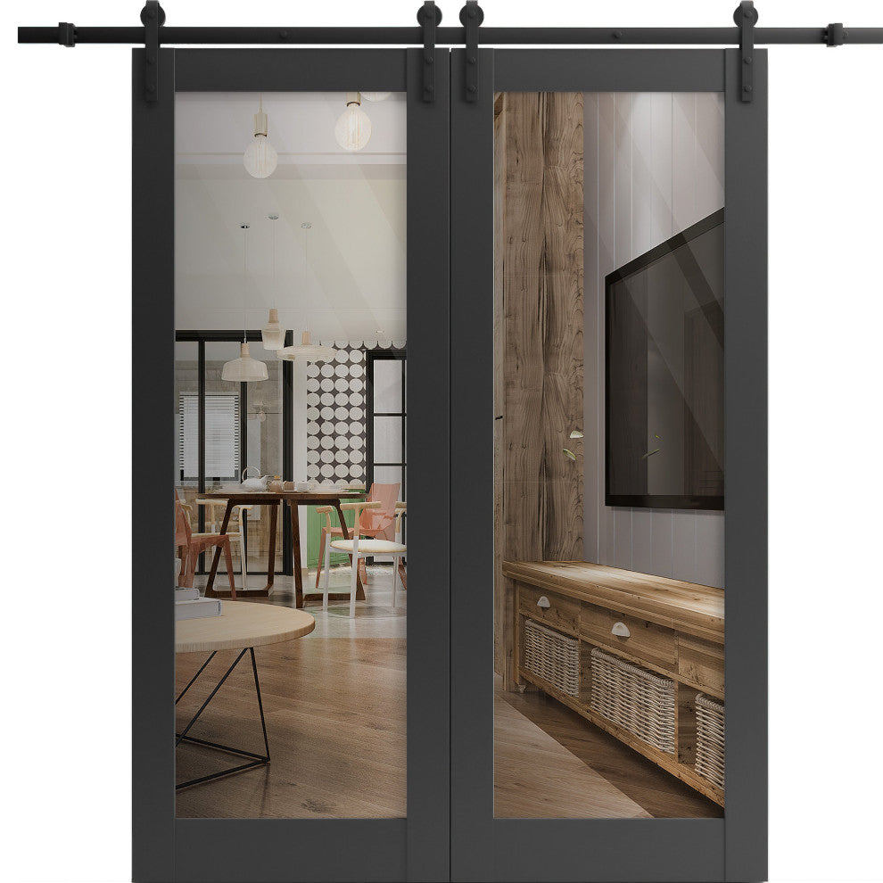 Double Barn Door 72 x 80, Lucia 2166 Matte Black Clear Glass, 13'