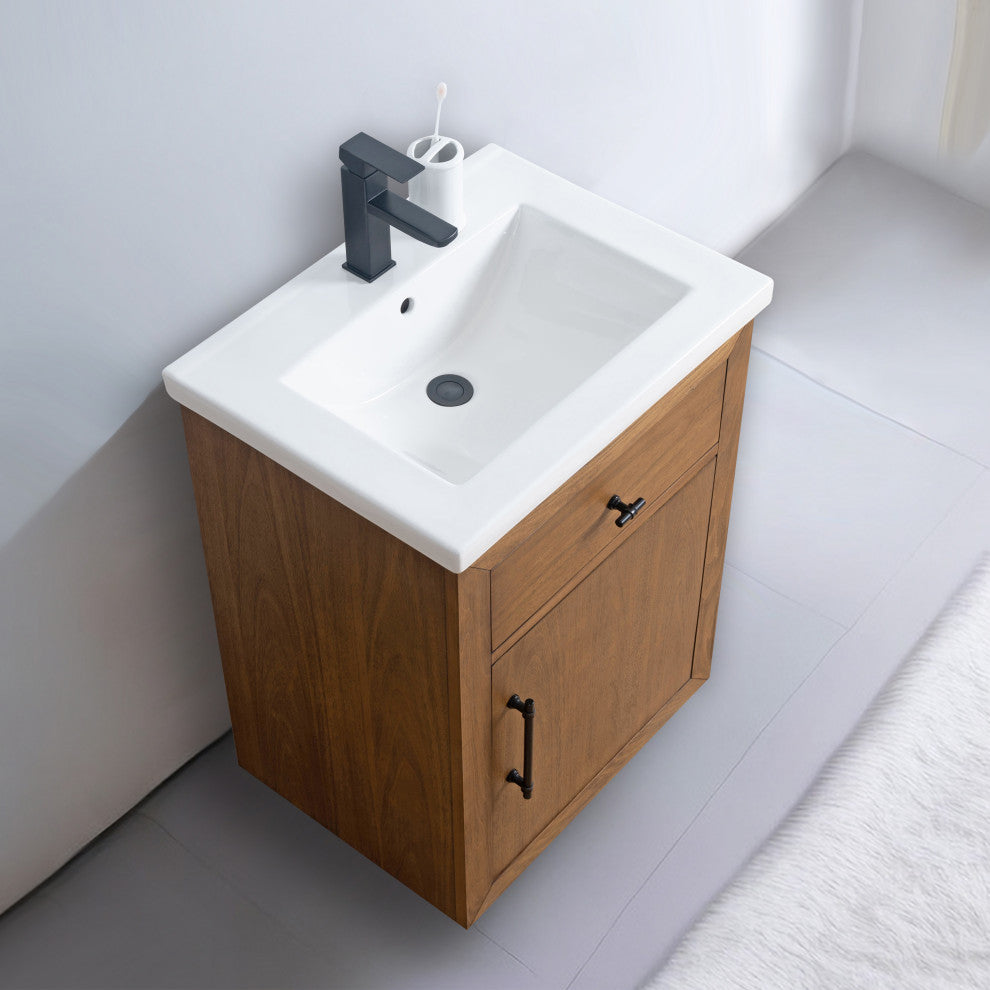 Vanity Art Bathroom Vanity With Sink, Tan, 24" Single, White Ceramic Top
