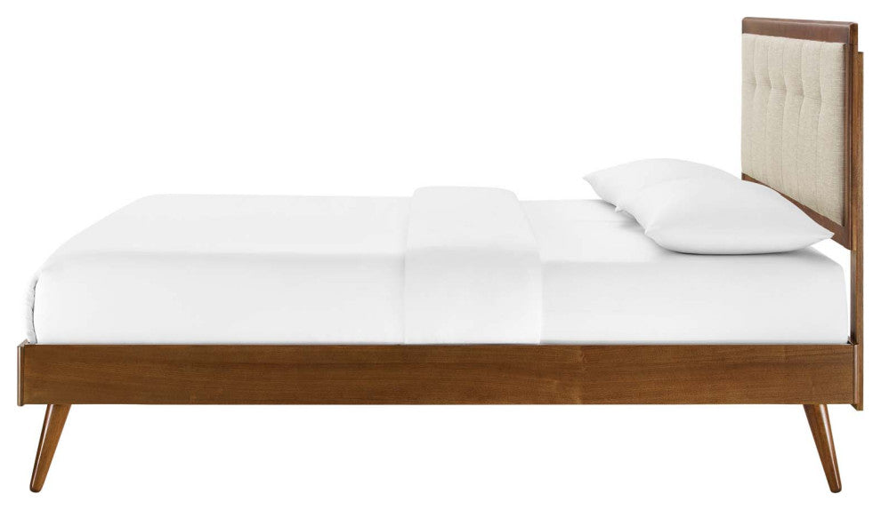 Platform Bed Frame, King Size, Wood, Brown Walnut Beige, Modern Mid-Century