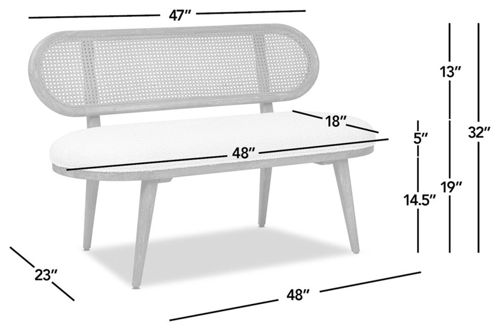 Havana 48" Boucle Upholstered Cane Rattan Bench, Ivory White