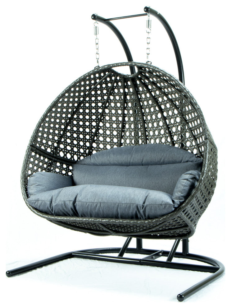LeisureMod Wicker Hanging Double Egg Swing Chair, Charcoal Blue