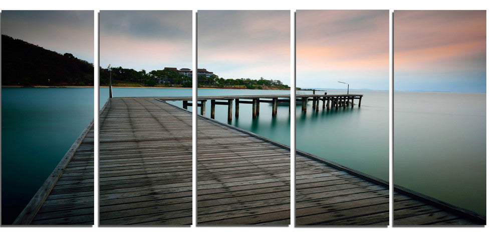 Wooden Bridge into Blue Sea, Modern Canvas Art Print, 60"x28", 5 Panels