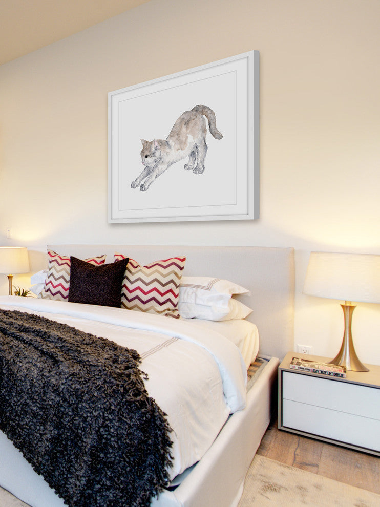Marmont Hill, "Stretching Cat" by Thimble Sparrow Framed Painting Print, 12x12