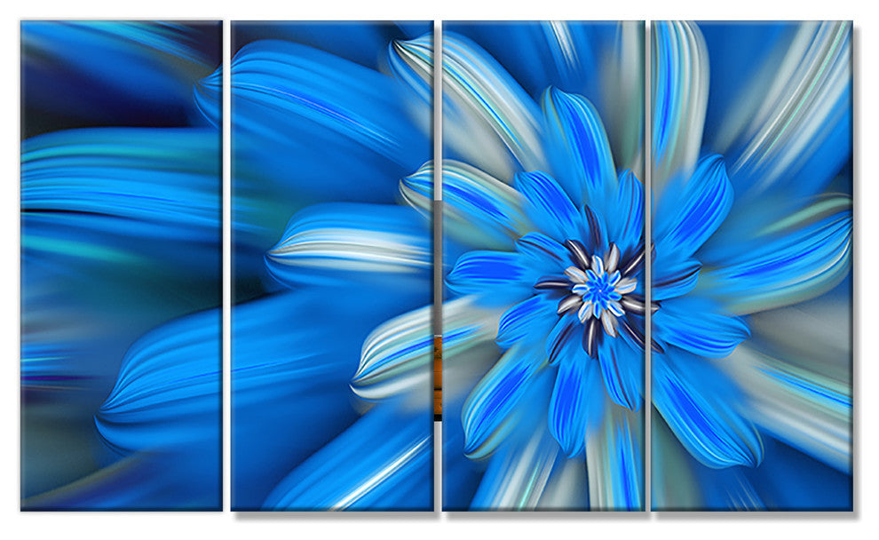 Exotic Dance of Blue Flower Petals, Floral Canvas Art Print, 48"x28", 4 Panels