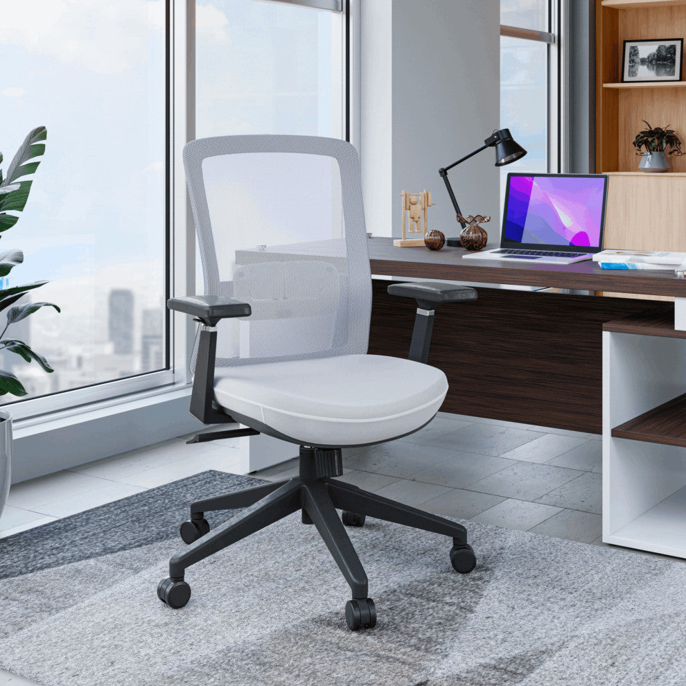 LeisureMod Ingram Modern Mesh Office Task Chair With Adjustable Armrests, White/White