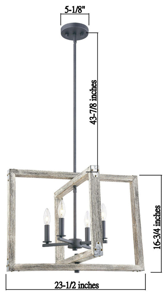 Rustic Wood In White Wash Color 4-Light Pendant, No Bulbs