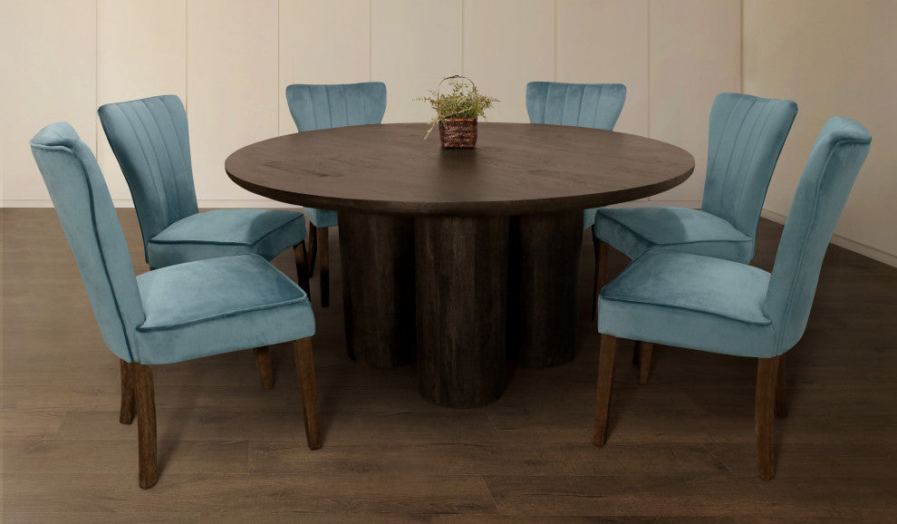Sullivan 63" Dining Table With 6 Cleo Chairs, Teal Velvet Fabric