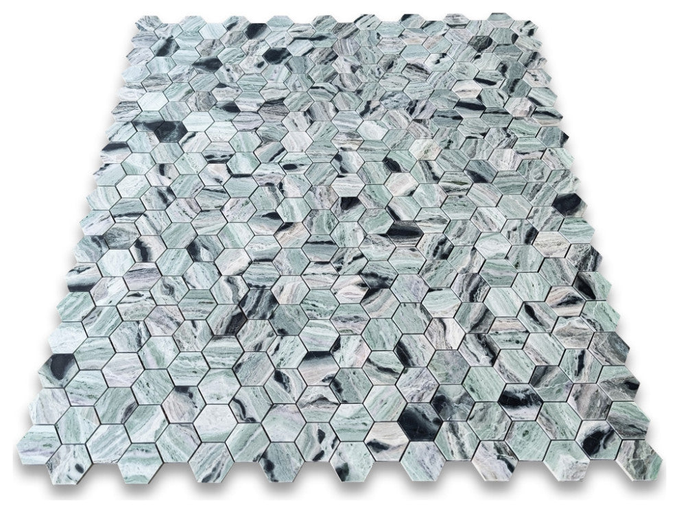 Sagano Vibrant Green Marble 2 inch Hexagon Mosaic Tile Honed, 1 sheet