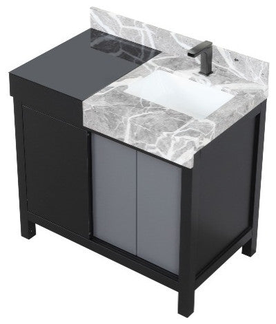 Zilara 36" Black and Grey Vanity, Castle Grey Marble Top, and Faucet Set