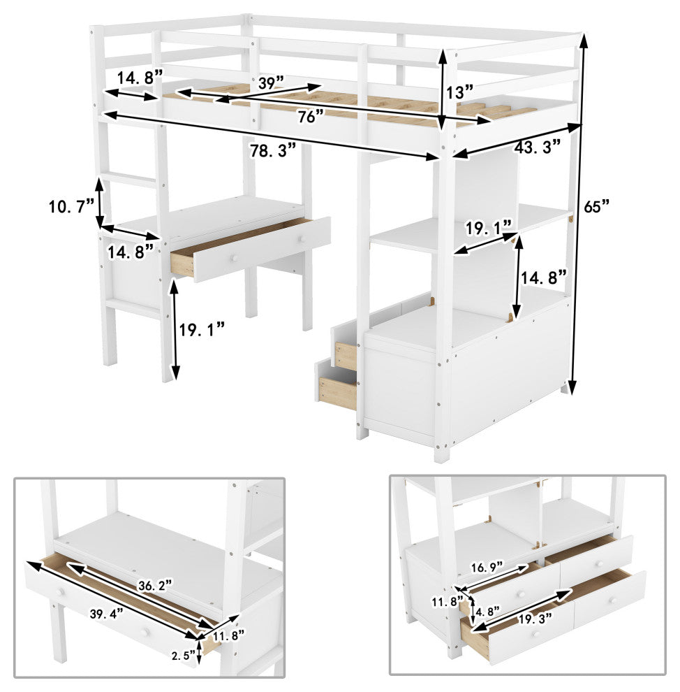 Gewnee Twin Size Loft Bed with Built-in Desk with Two Drawers