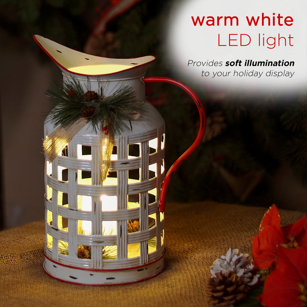 White Metal Pitcher with Candle DÃ©cor and LED Light