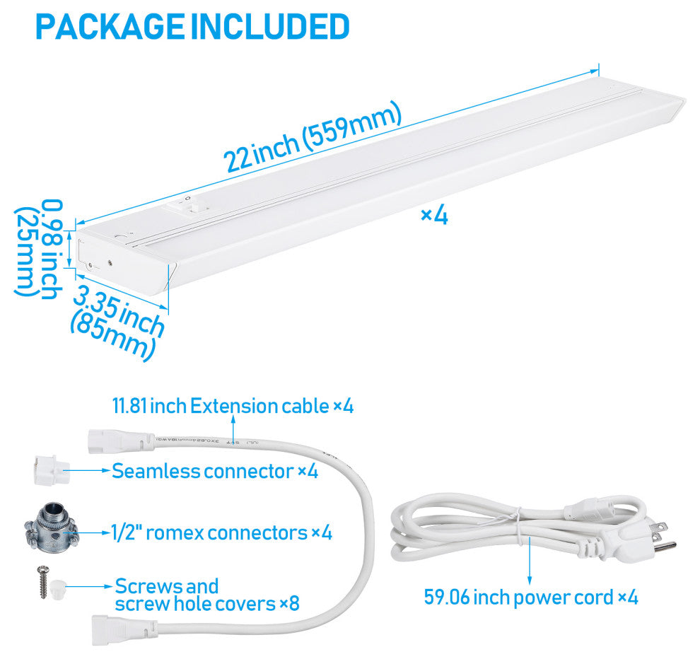 4 Pack 22" LED 3CCT Under Cabinet Light Dimmable 3000K/4000K/5000K Selectable