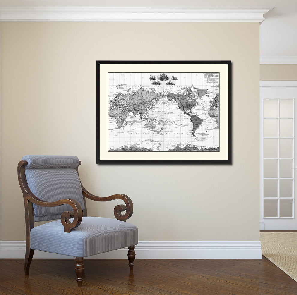 World Vintage Antique Map Print On Canvas With Black Custom Frame, 16"X21"