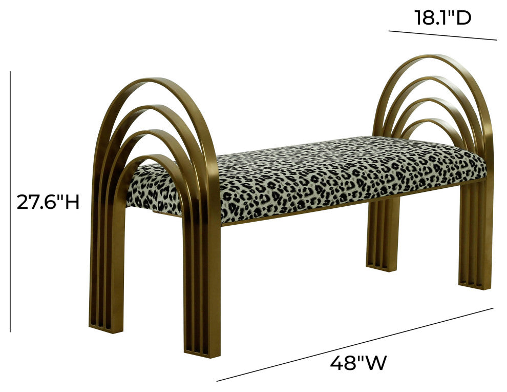 Mavis Velvet Bench, Art Deco Entryway Bench, Glam Luxe Gold Bed Bench, Leopard