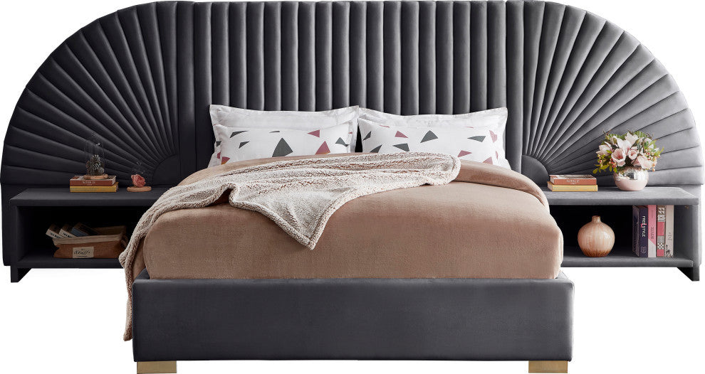Cleo Velvet Upholstered Bed With Custom Gold Steel Legs, Gray, Queen