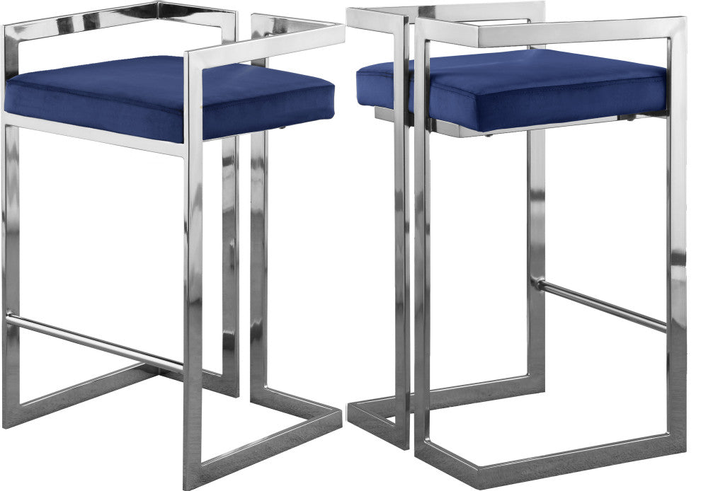 Ezra Counter Stool, Set of 2, Navy Velvet, Chrome Base
