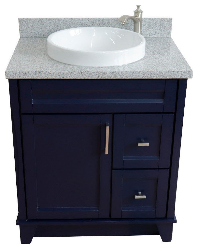 31" Single Sink Vanity, Blue Finish With Gray Granite With Round Sink