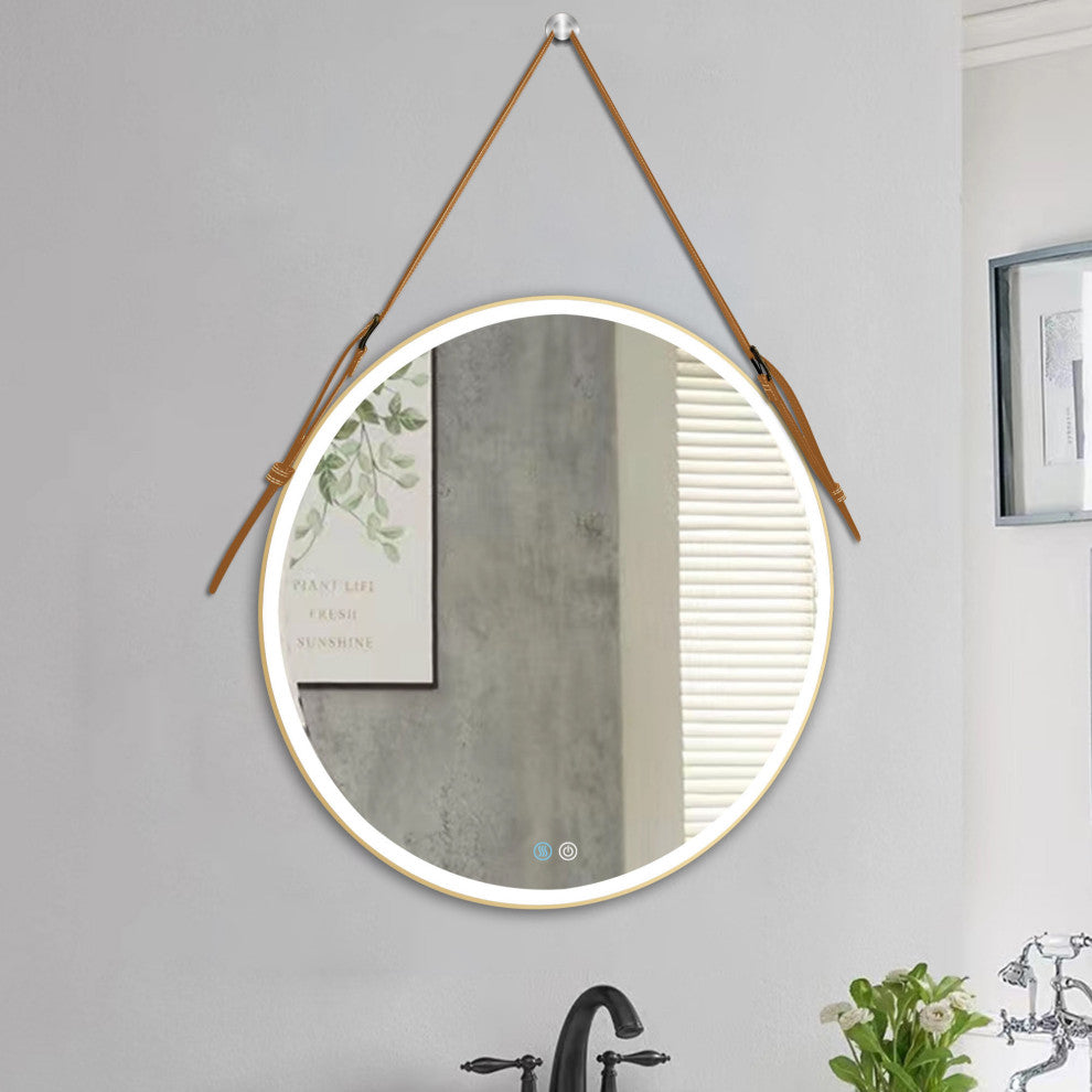 Round Framed Anti-Fog Dimmable Rope Hanging LED Bathroom Vanity Mirror, Godl, 32"32"