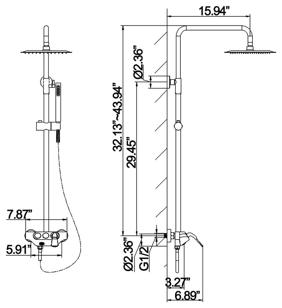 Wall Mounted Rain Shower System with Hand Shower-Includes Rough-in Valve, Brushe