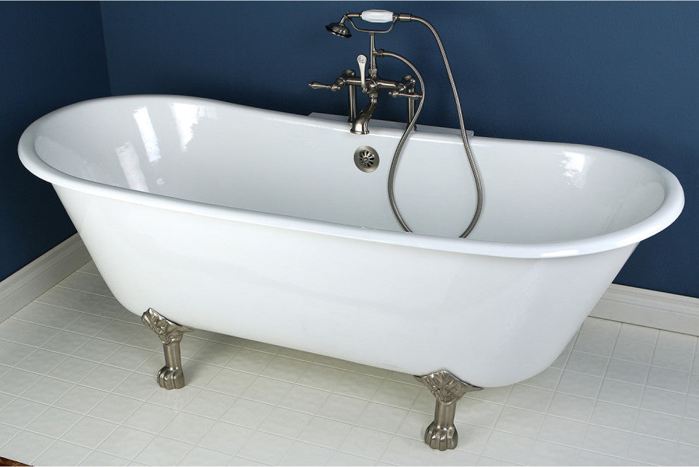 67" Double Slipper Clawfoot Tub No Faucet Drillings, White/Brushed Nickel
