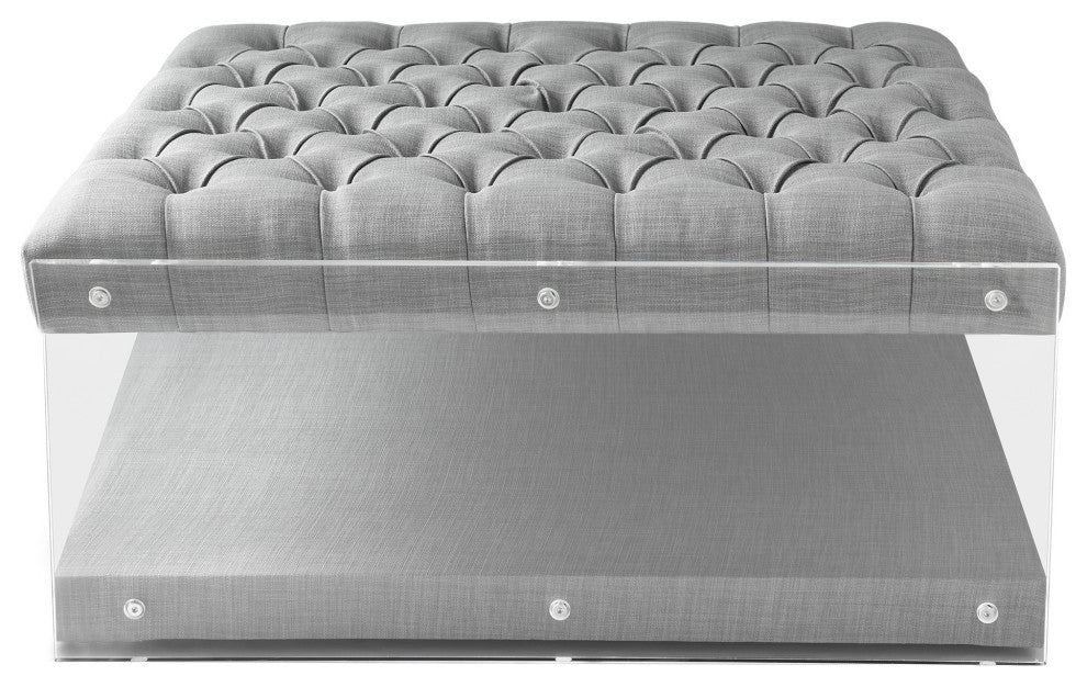 Rossi Linen Oversized Button Tufted Clear Acrylic Sides Ottoman, Light Gray